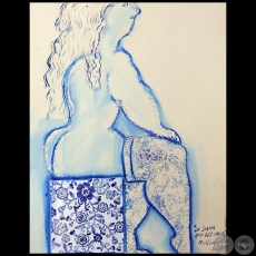 La dama que descansa - Serie AZUL dibujo sobre papel de Ricardo Migliorisi - Año: 2018